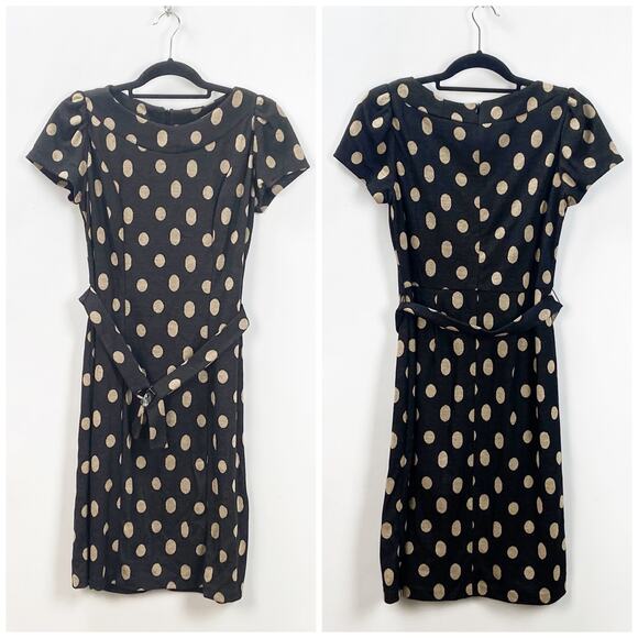 AGB 10 Womens Black Tan Polka Dot Knit Belted Midi Dress - Picture 1 of 5